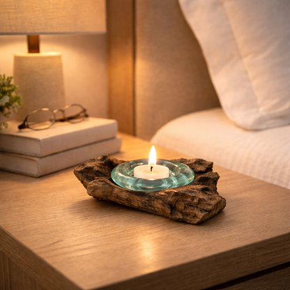 Recycled Glass Tea Light Candle Holder  Natural Root Wood Base / Kachayu