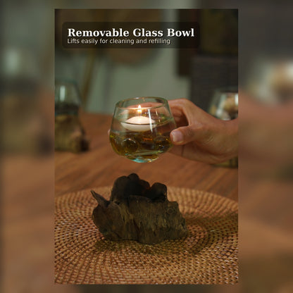 Mini Round Handblown Recycled Glass Terrarium/Vase/Bowl | Root Wood Base | Kachayu